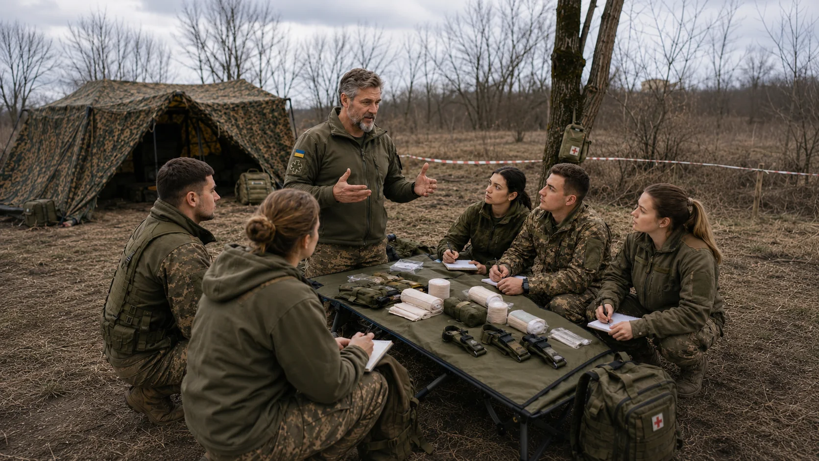 Medical instructor teaching a group outdoors in Ukraine